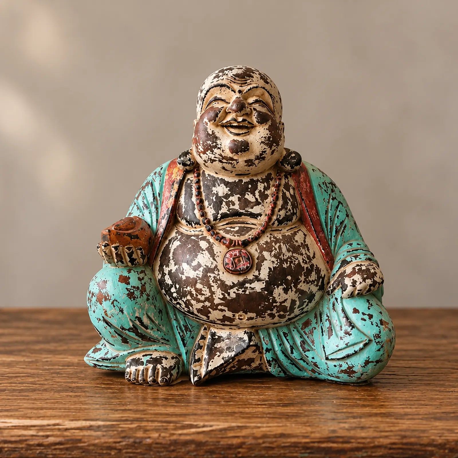 Vintage Mint Hand Carved Wooden Buddha Sitting Statue - 40cm - Happy Buddha