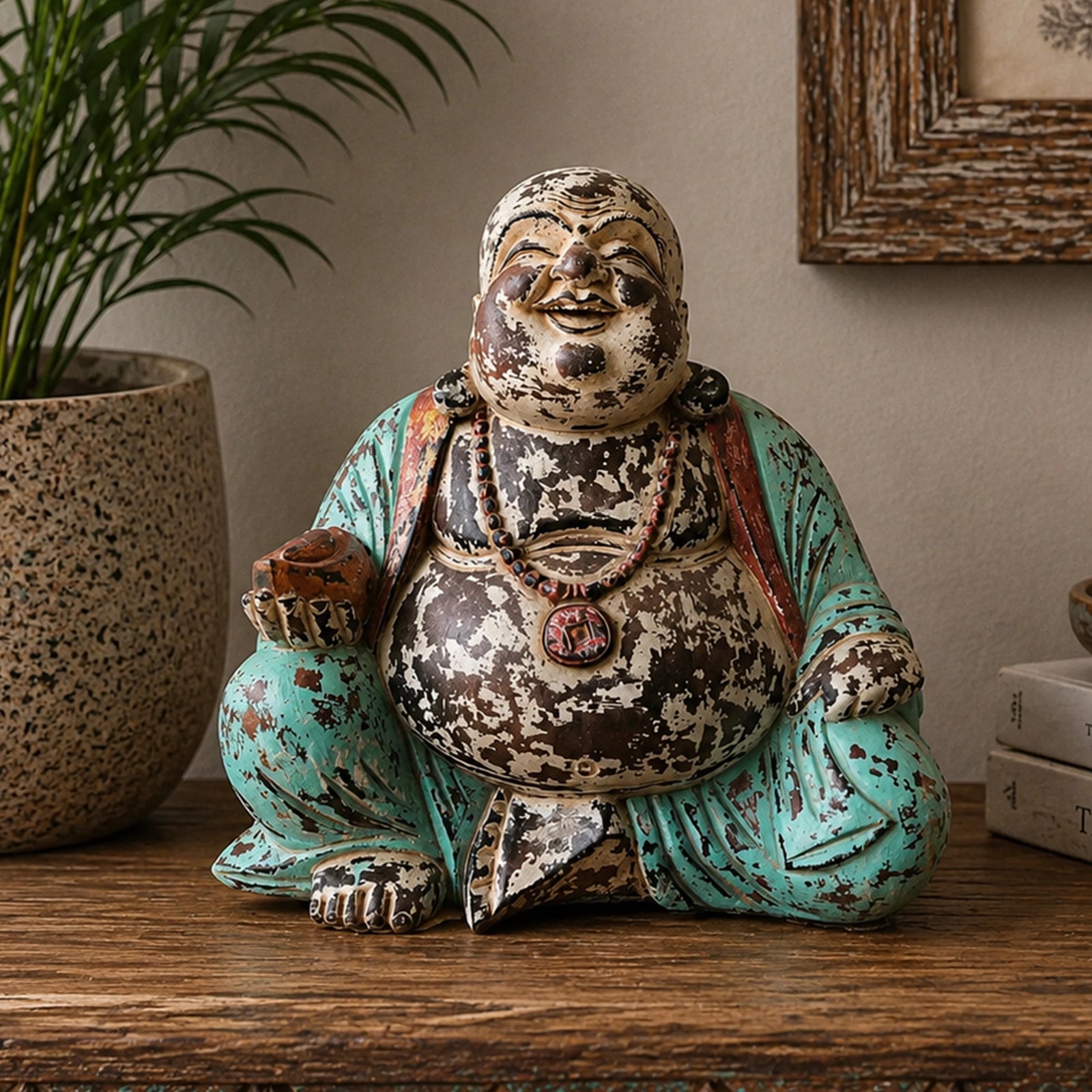 Vintage Mint Hand Carved Wooden Buddha Statue - 40cm - Happy Buddha sitting cross-legged with a distressed mint green robe and a joyful expression, displayed on a wooden surface.