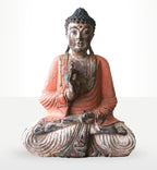 Vintage Orange Hand Carved Buddha Statue - 40cm - Teaching Transmission, featuring intricate hand-carved details with a serene expression and worn orange and green patina.