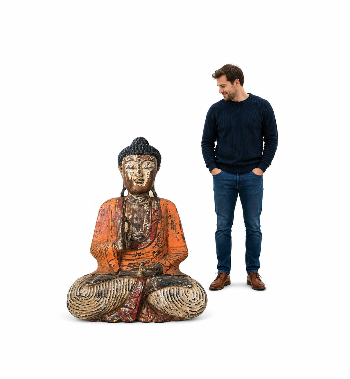 Vintage Orange Hand Carved Buddha Statue - 60cm - Teaching Transmission