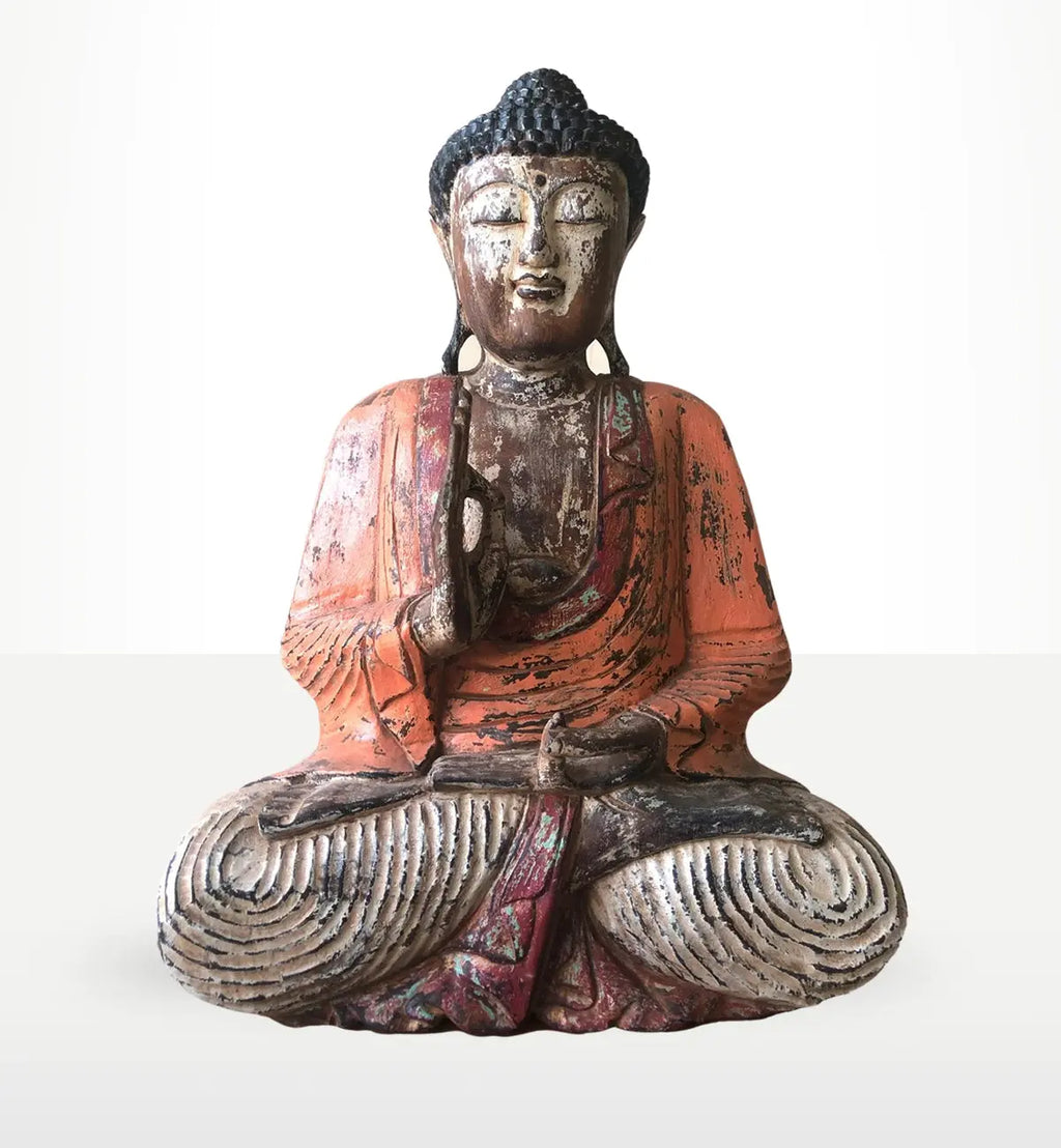 Vintage Orange Hand Carved Buddha Statue - 60cm - Teaching Transmission, featuring intricate details with a weathered orange and brown finish in a seated meditation pose.