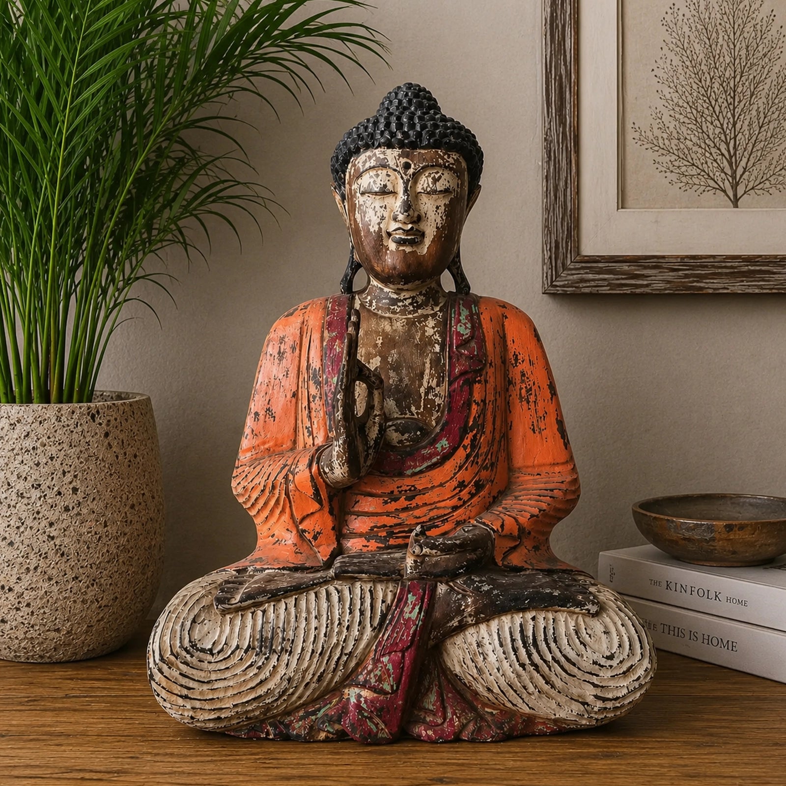 Vintage Orange Hand Carved Buddha Statue - 60cm - Teaching Transmission