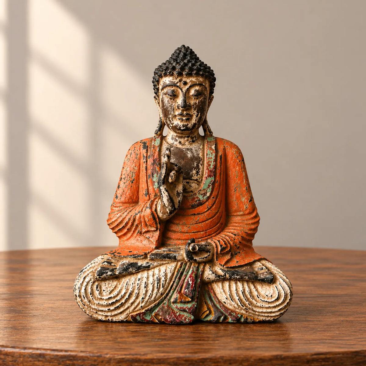 Vintage Orange Hand Carved Buddha Wooden Sitting Statue - 40cm - Teaching Transmission