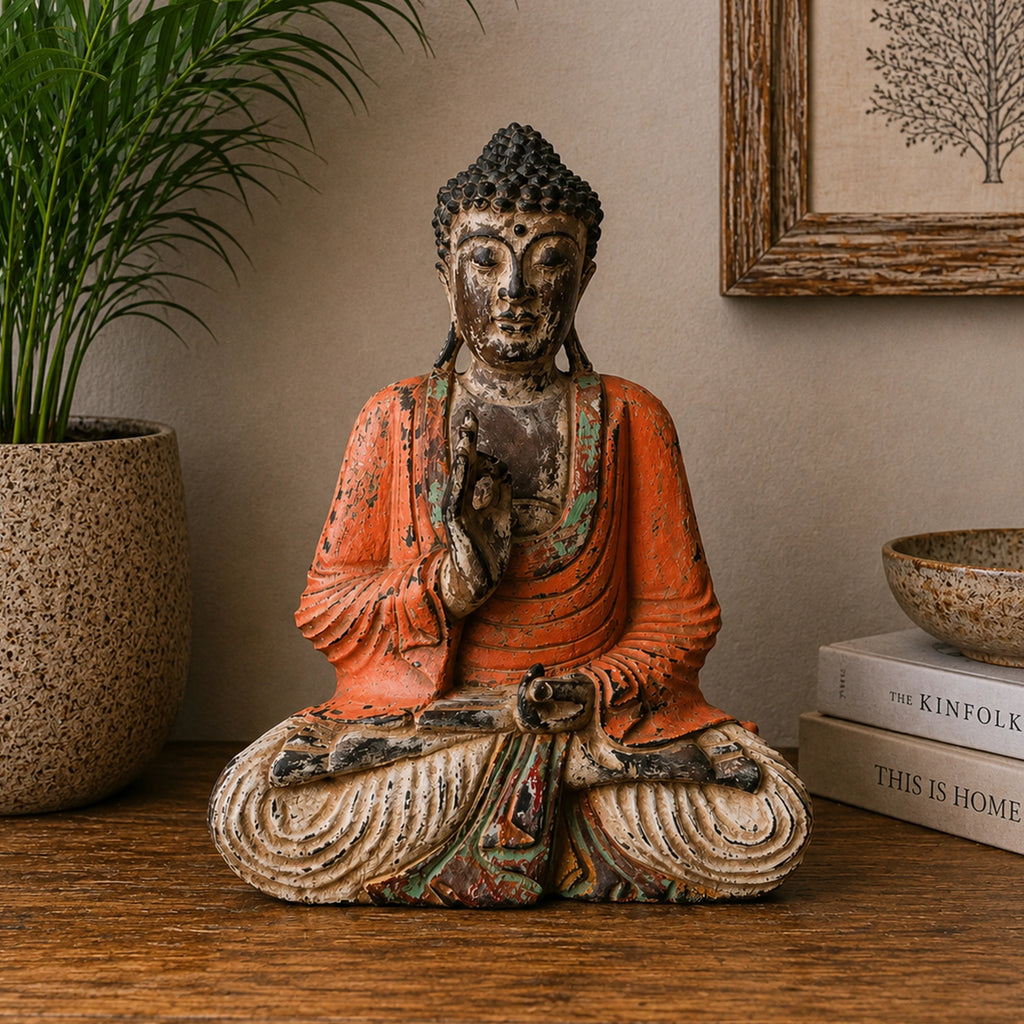 Vintage Orange Hand Carved Buddha Wooden Statue - 40cm - Teaching Transmission seated on a wooden surface, surrounded by natural home decor including a plant and books.