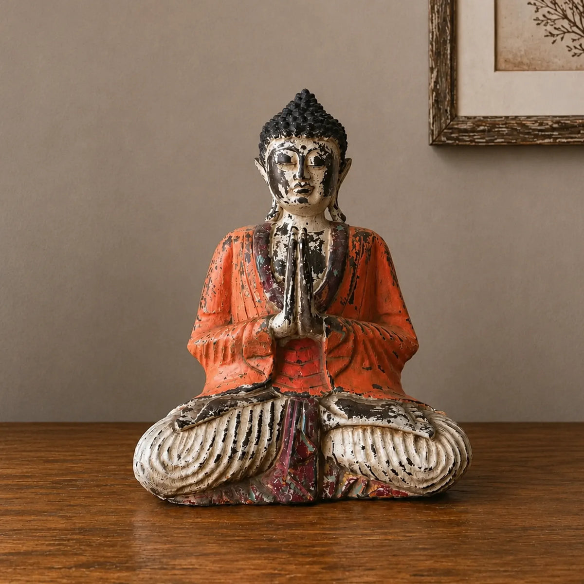 Vintage Orange Hand Carved Wooden Buddha Sitting Statue - 30cm - Welcome