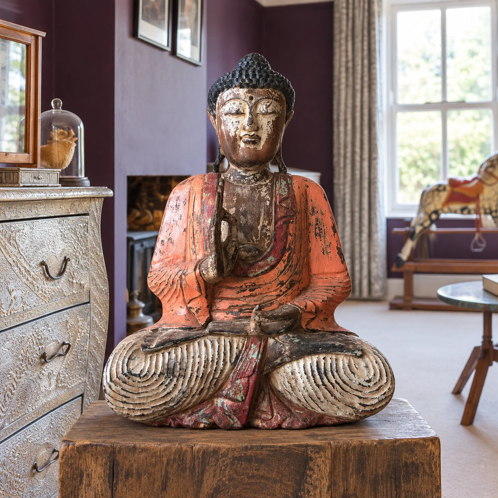 Vintage Orange Hand Carved Wooden Buddha Sitting Statue - 60cm - Teaching Transmission