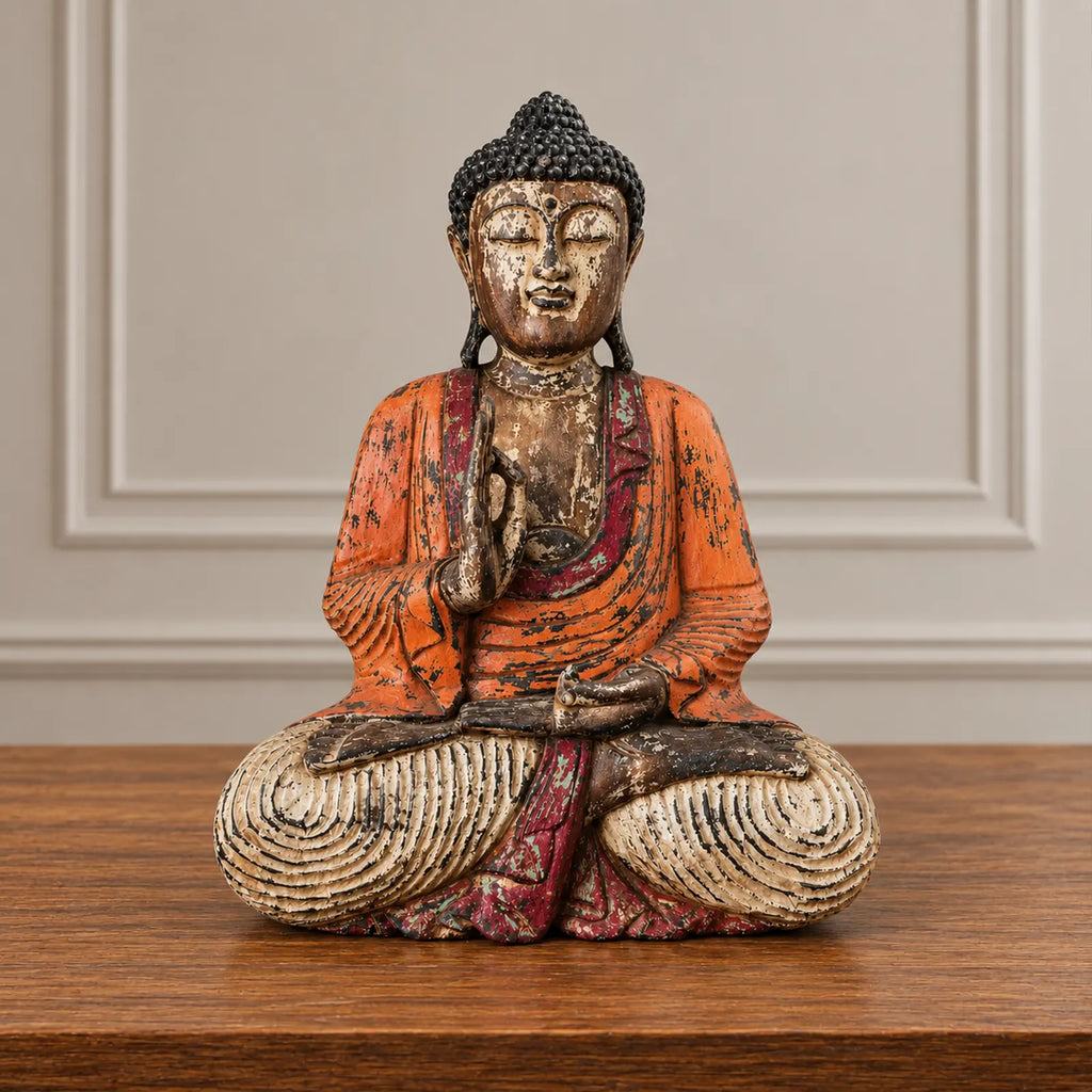 Vintage Orange Hand Carved Wooden Buddha Sitting Statue - 60cm - Teaching Transmission