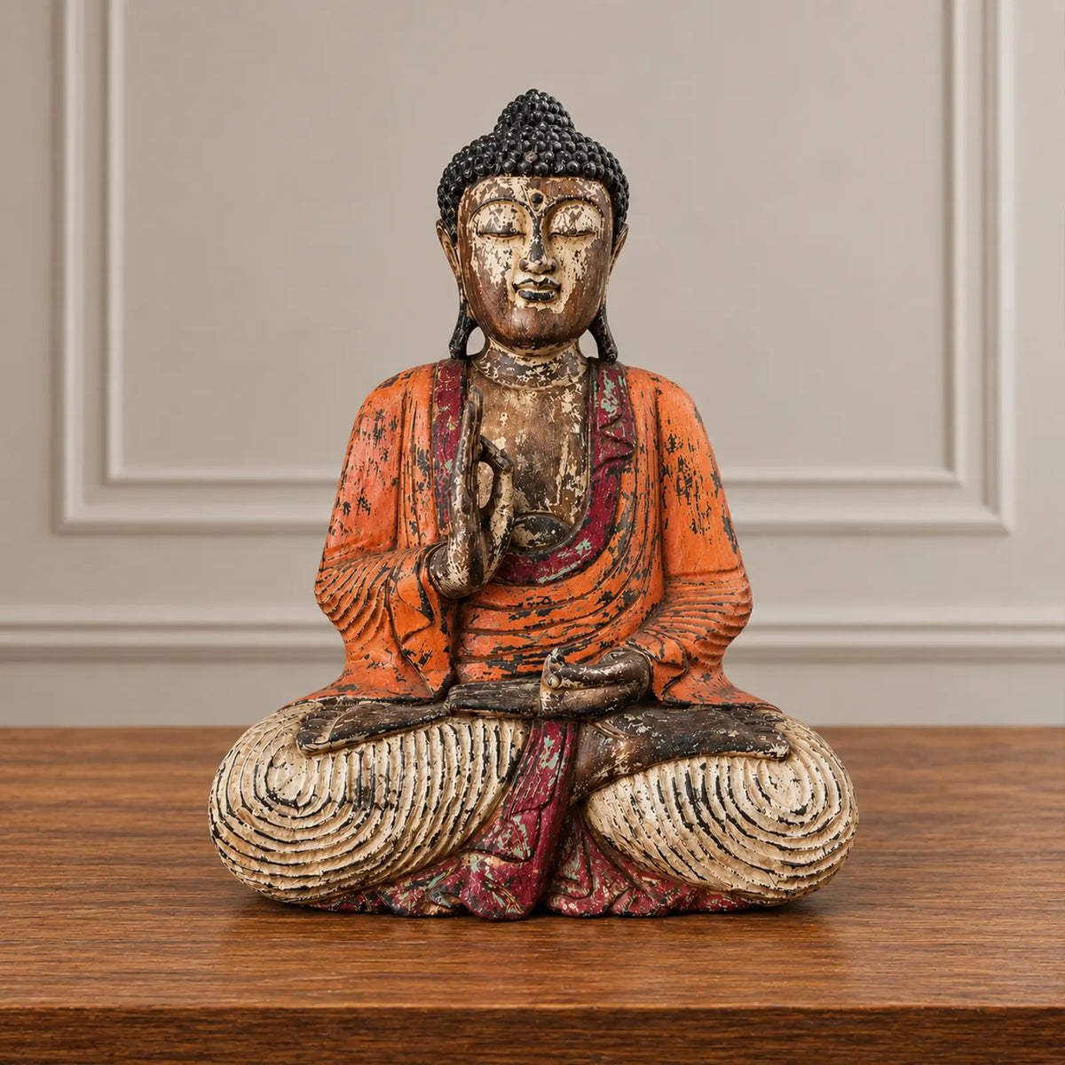 Vintage Orange Hand Carved Wooden Buddha Sitting Statue - 60cm - Teaching Transmission