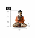 Vintage Orange Hand Carved Wooden Buddha Statue - 30cm - Welcome, featuring detailed craftsmanship in a seated meditative pose with vibrant orange robes and rustic finish.