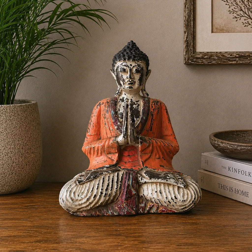 Vintage Orange Hand Carved Wooden Buddha Statue - 30cm - Welcome, featuring a serene meditation pose with an aged rustic finish, placed on a wooden surface with home decor accents.
