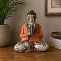 Vintage Orange Hand Carved Wooden Buddha Statue - 30cm - Welcome, featuring a serene meditation pose with an aged rustic finish, placed on a wooden surface with home decor accents.
