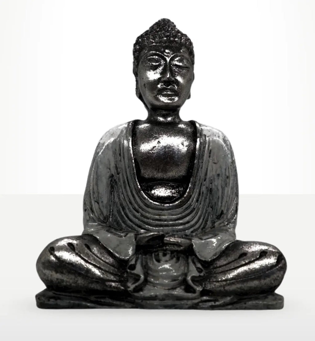 White & Grey Buddha - Medium hand carved resin Buddha statue in a meditative seated pose with detailed robes and serene facial expression for calming decor.