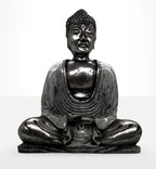 White & Grey Buddha - Medium resin statue depicting a serene Buddha seated in meditation pose with detailed draped robes and textured hair, suitable for peaceful decor.