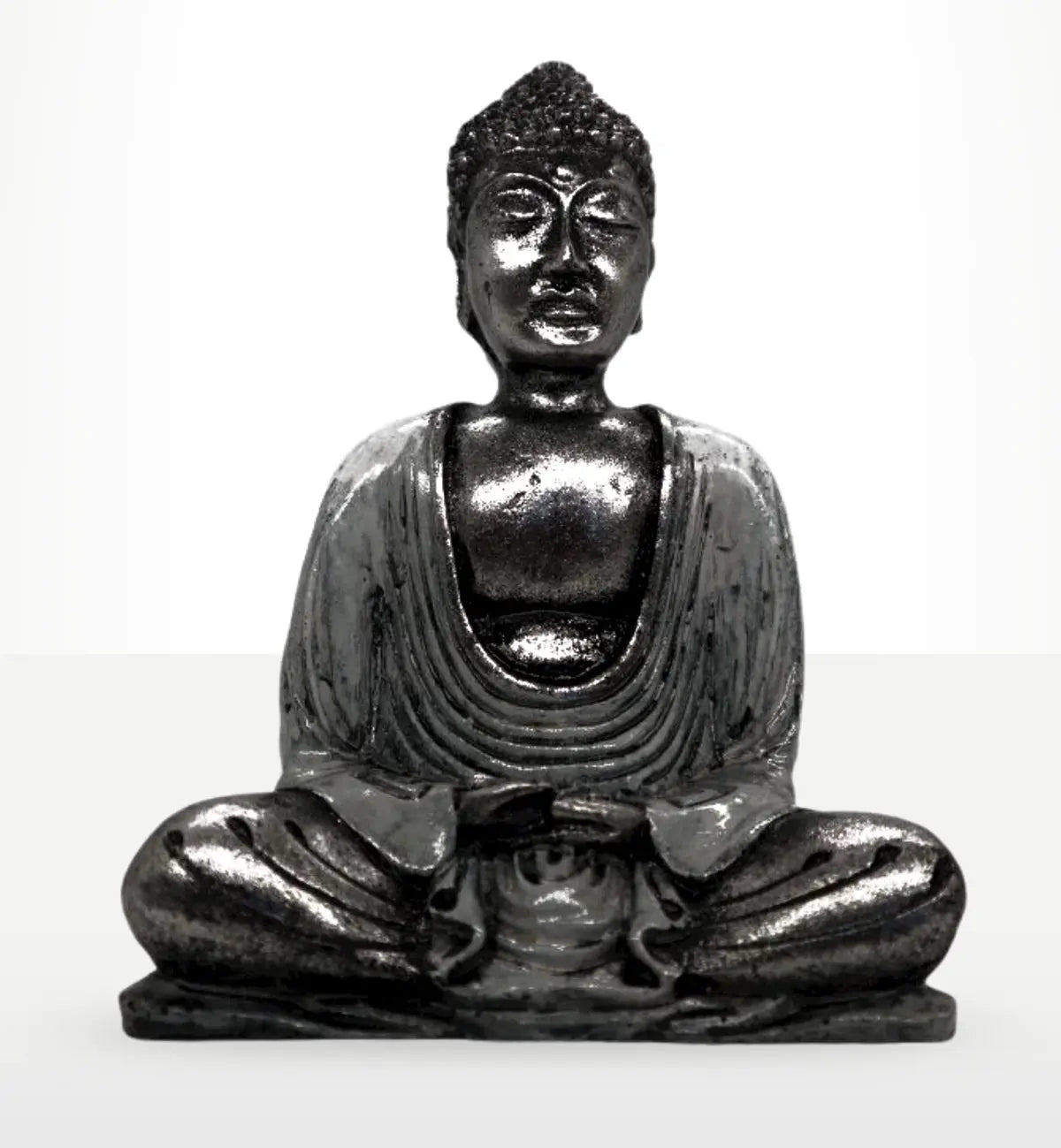 White & Grey Buddha - Medium hand carved resin Buddha statue in a meditative seated pose with detailed robes and serene facial expression for calming decor.