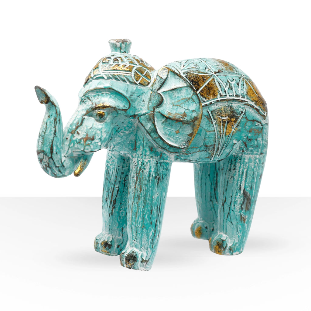 Wood Carved Elephant - Turquoise Gold featuring intricate hand-carved details with turquoise and gold accents, showcasing a beautifully textured decorative elephant figurine.