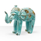 Wood Carved Elephant - Turquoise Gold featuring intricate hand-carved details with turquoise and gold accents, showcasing a beautifully textured decorative elephant figurine.