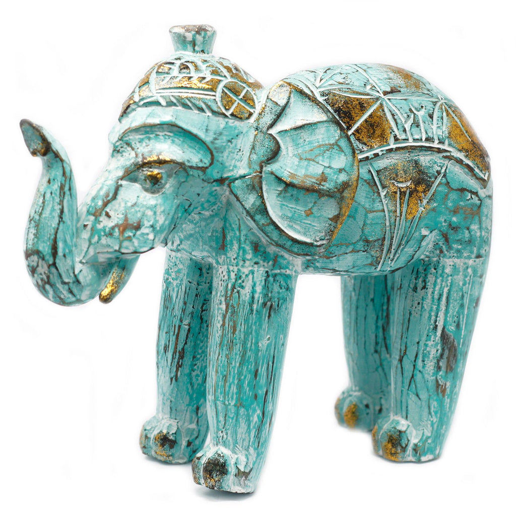 Wood Carved Elephant - Turquoise Gold featuring intricate hand-carved details with turquoise and gold accents, showcasing a beautifully textured decorative elephant figurine.