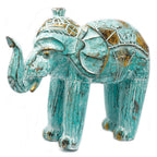 Wood Carved Elephant - Turquoise Gold featuring intricate hand-carved details with turquoise and gold accents, showcasing a beautifully textured decorative elephant figurine.