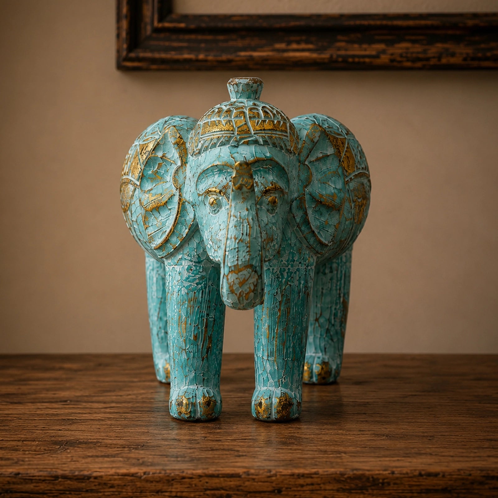 Wood Carved Elephant - Turquoise Gold featuring intricate hand-carved details with turquoise and gold accents, showcasing a beautifully textured decorative elephant figurine.