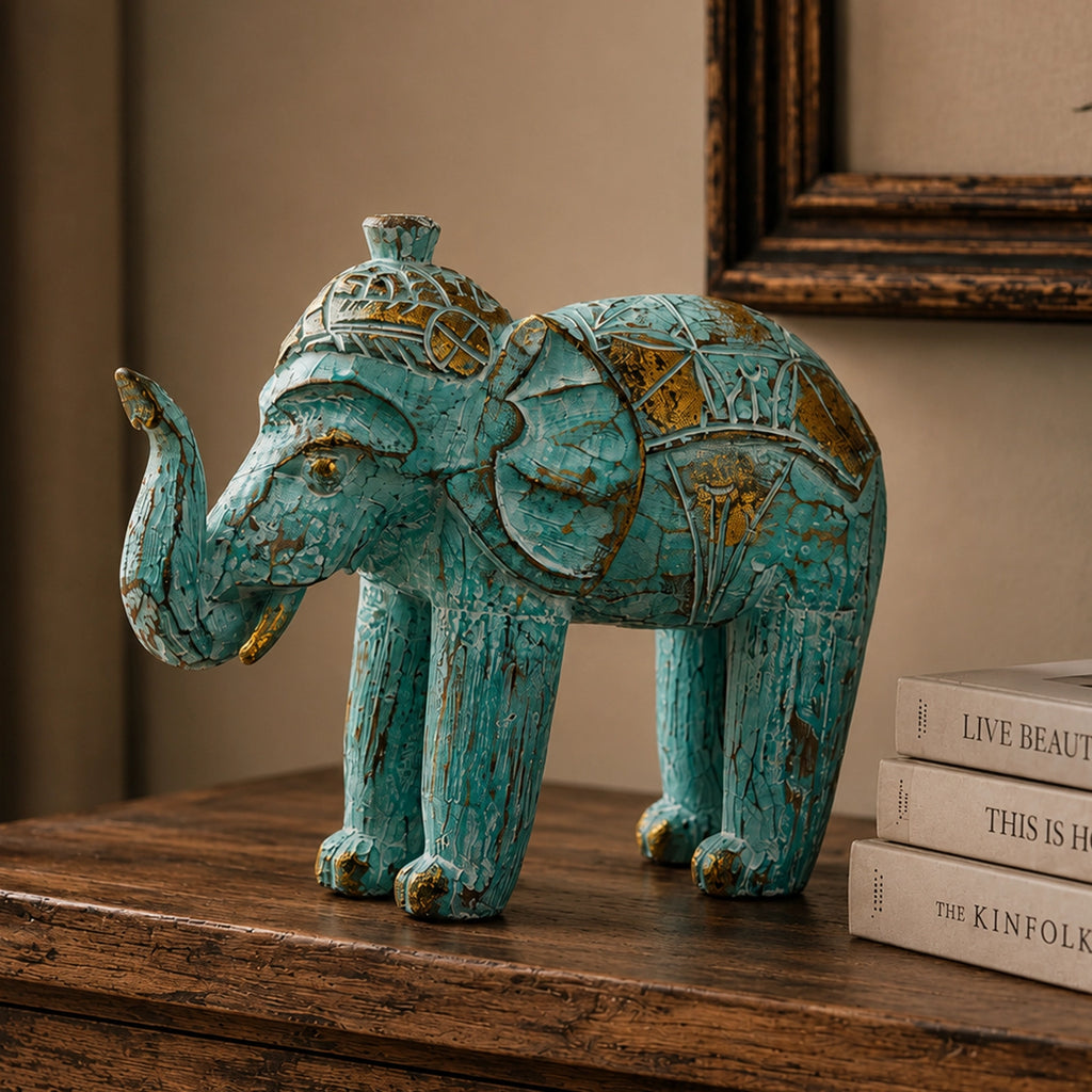 Wood Carved Elephant - Turquoise Gold featuring intricate hand-carved details with turquoise and gold accents, showcasing a beautifully textured decorative elephant figurine.