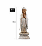 Wooden Buddha Statue Standing - Whitewash - 1m Welcome features a hand-carved design with a serene expression, standing on a lotus base with a calming whitewashed finish.