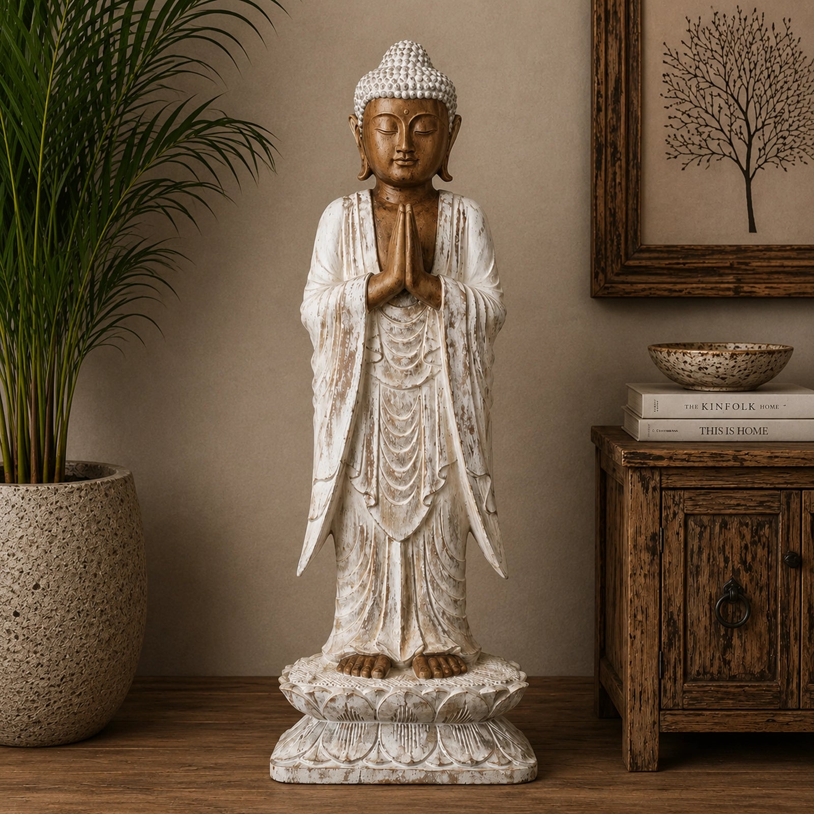Wooden Buddha Statue Standing - Whitewash - 1m Welcome