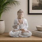 Wooden Buddha Statue Whitewash - 30cm Teaching Transmission sitting in meditation pose on a wooden surface with calm neutral decor background.