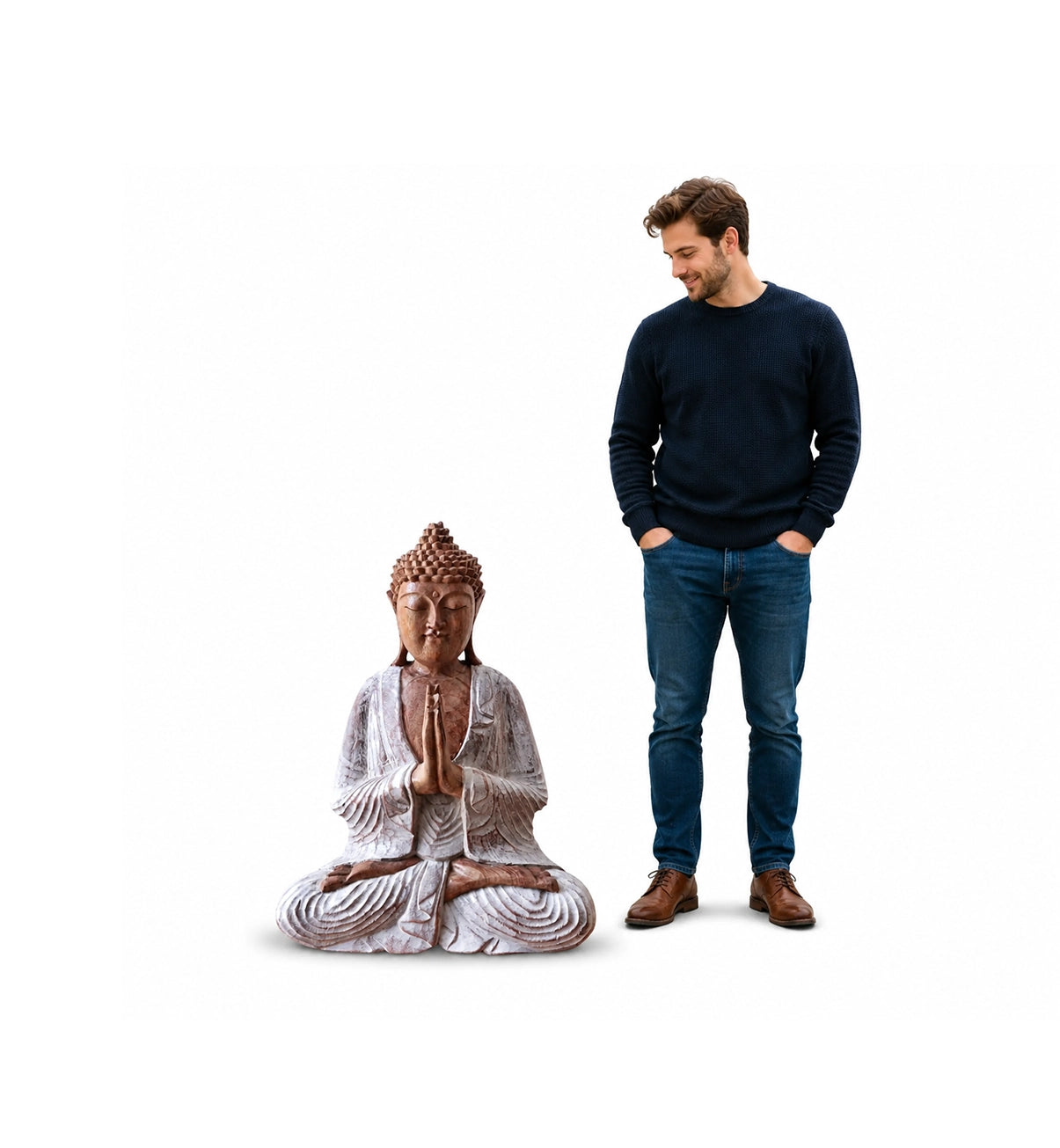 Wooden Buddha Statue Whitewash - 30cm Welcome