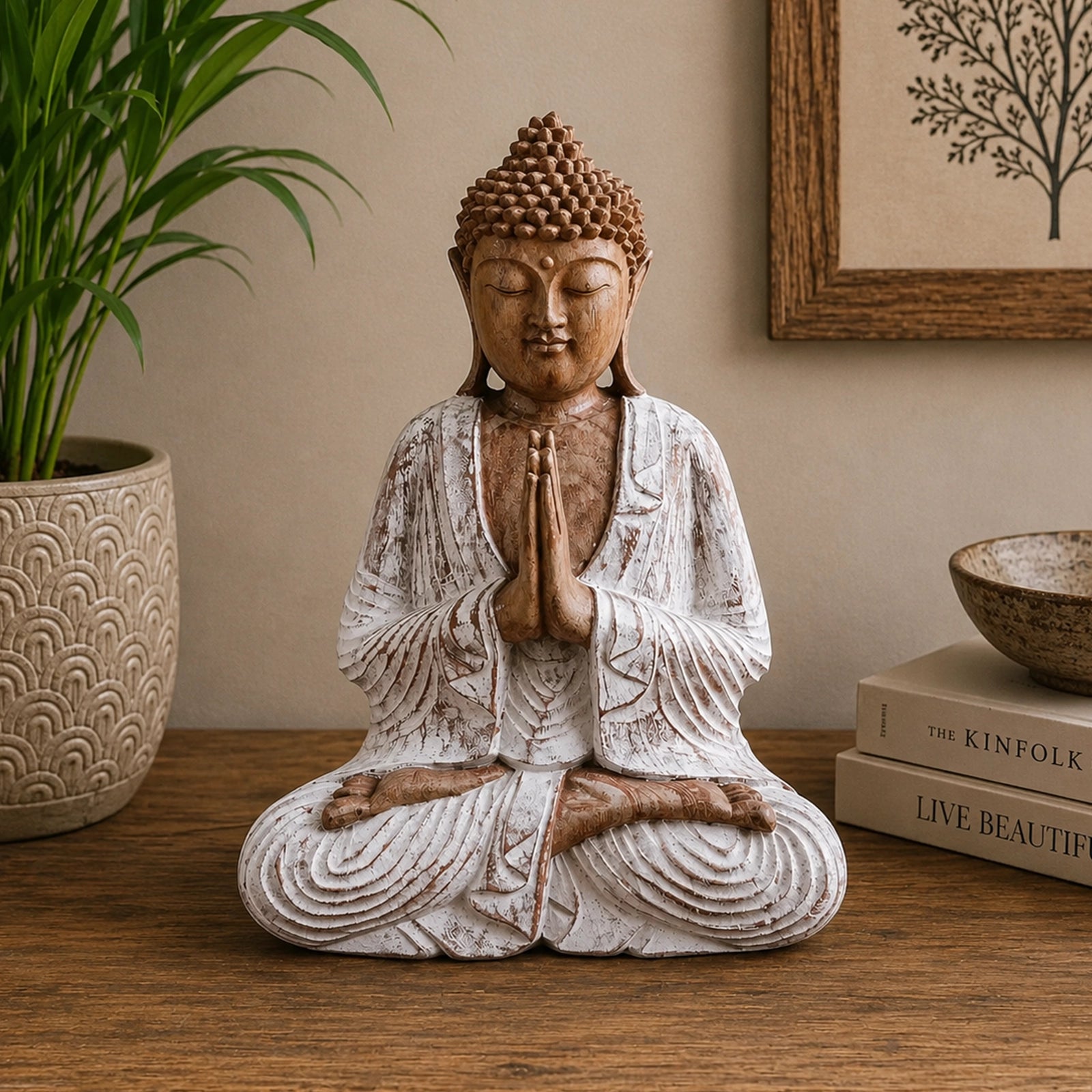 Wooden Buddha Statue Whitewash - 30cm Welcome featuring a serene hand-carved design with whitewashed finish, perfect for peaceful home or office Buddha decor.
