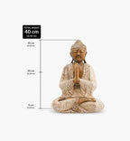 Wooden Buddha Statue Whitewash - 40cm Welcome seated in meditation pose with hands in prayer, featuring a whitewashed finish and detailed textured carving.