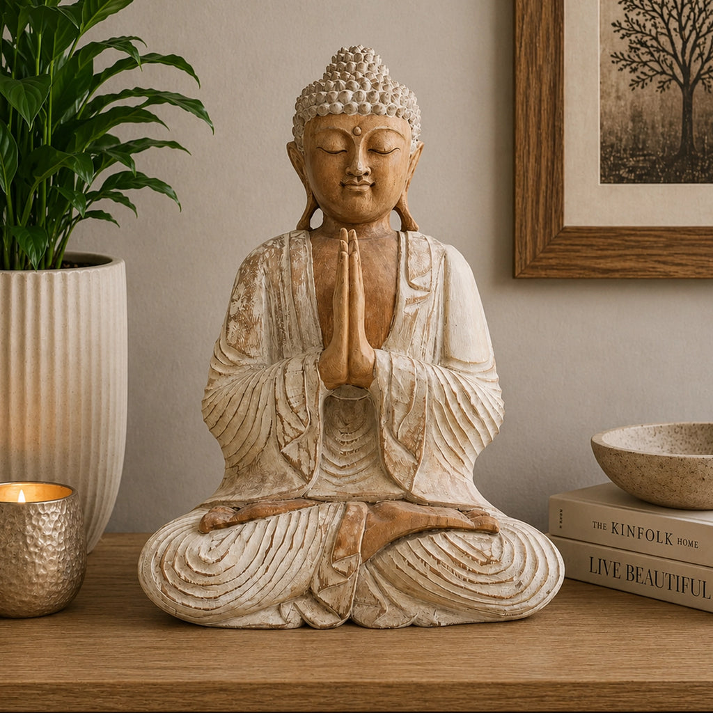 Wooden Buddha Statue Whitewash - 40cm Welcome seated in a meditative pose with hands in prayer, displayed on a wooden surface alongside a plant, candle, and decorative books.