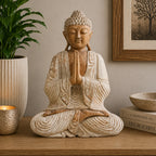 Wooden Buddha Statue Whitewash - 40cm Welcome seated in a meditative pose with hands in prayer, displayed on a wooden surface alongside a plant, candle, and decorative books.