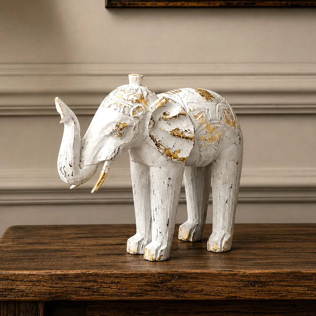 Wooden Hand Carved Elephant - White Gold
