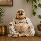 Wooden Happy Buddha - Whitewash 40cm handcrafted statue in a joyful pose with a beaded necklace, sitting on a wood surface surrounded by serene home decor accents.