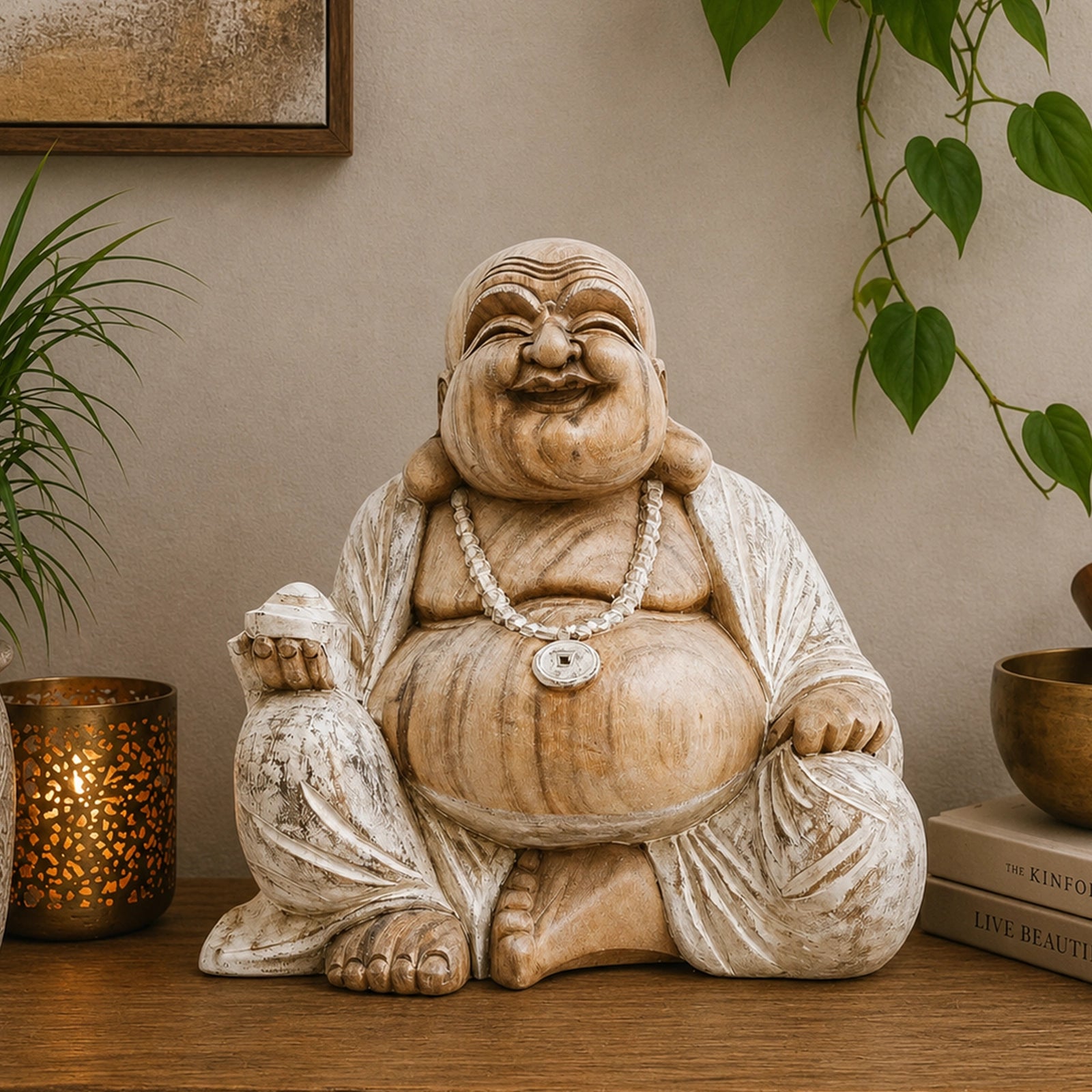Wooden Happy Buddha - Whitewash 40cm handcrafted statue in a joyful pose with a beaded necklace, sitting on a wood surface surrounded by serene home decor accents.