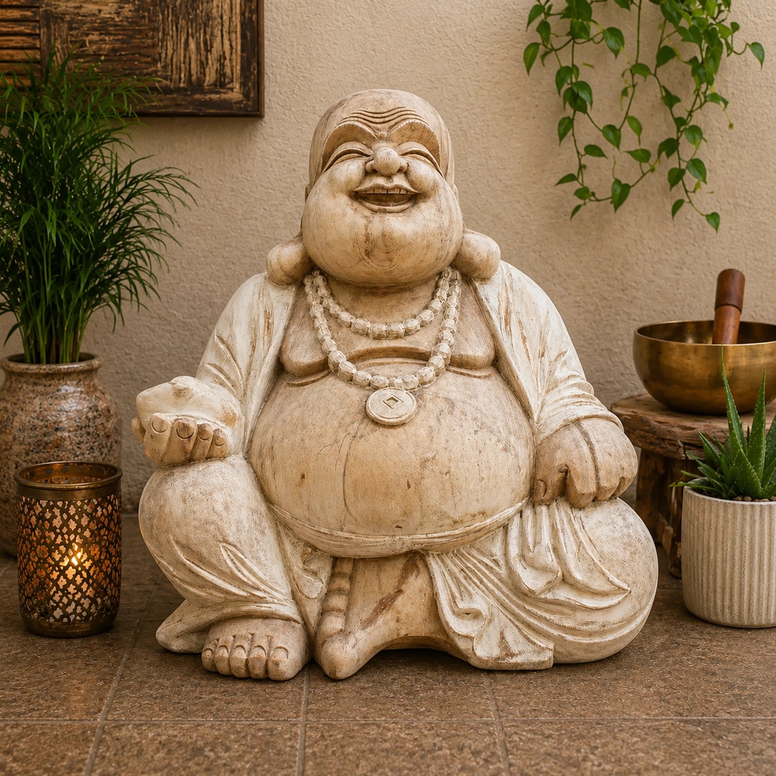 Wooden Happy Buddha - Whitewash 50cm statue featuring a joyful, smiling figure seated with detailed carving, surrounded by plants and decorative candles in a warm indoor setting.