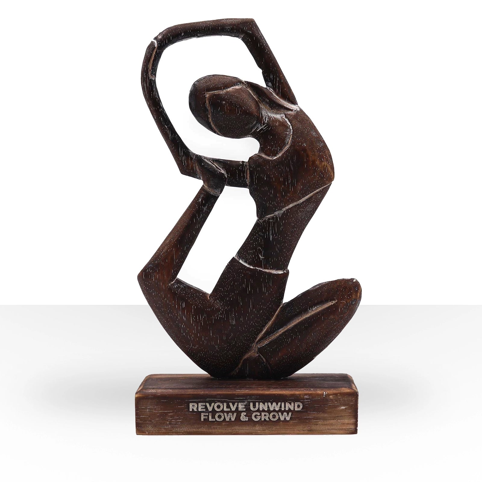 Wooden Yoga Lady - Antique - Revolved Pose - "Revolve Unwind - Flow & Grow" hand-carved wooden sculpture of a woman in a graceful, flowing yoga pose on a wooden base.