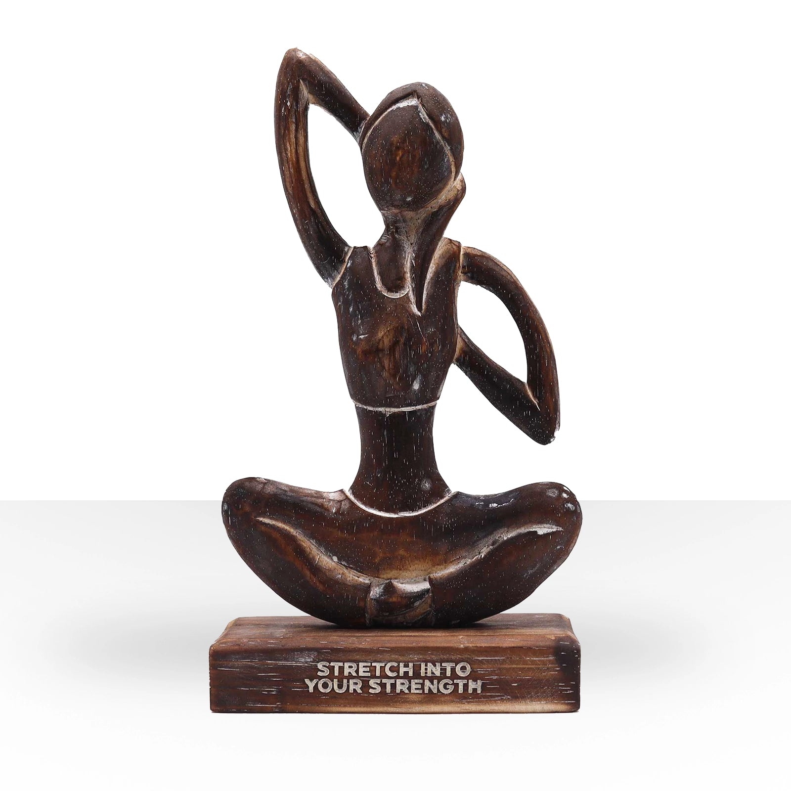 Wooden Yoga Lady - Antique - Cow Face Pose - "Stretch into Your Strength" depicts a hand-carved wooden figure in a seated yoga pose, symbolizing strength and mindfulness.