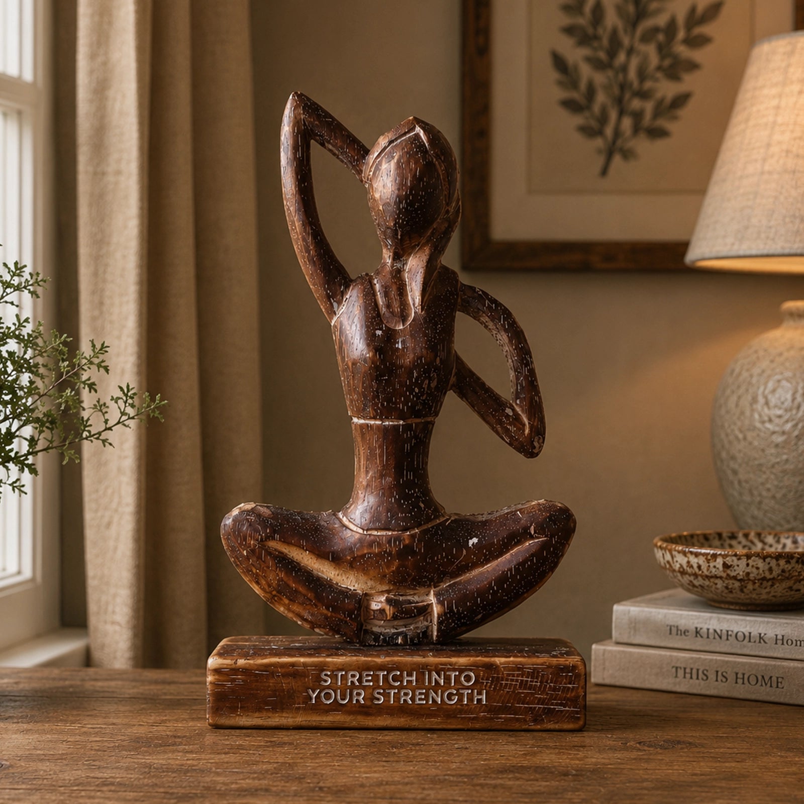 Wooden Yoga Lady - Antique - Cow Face Pose - "Stretch into Your Strength" depicts a hand-carved wooden figure in a seated yoga pose, symbolizing strength and mindfulness.
