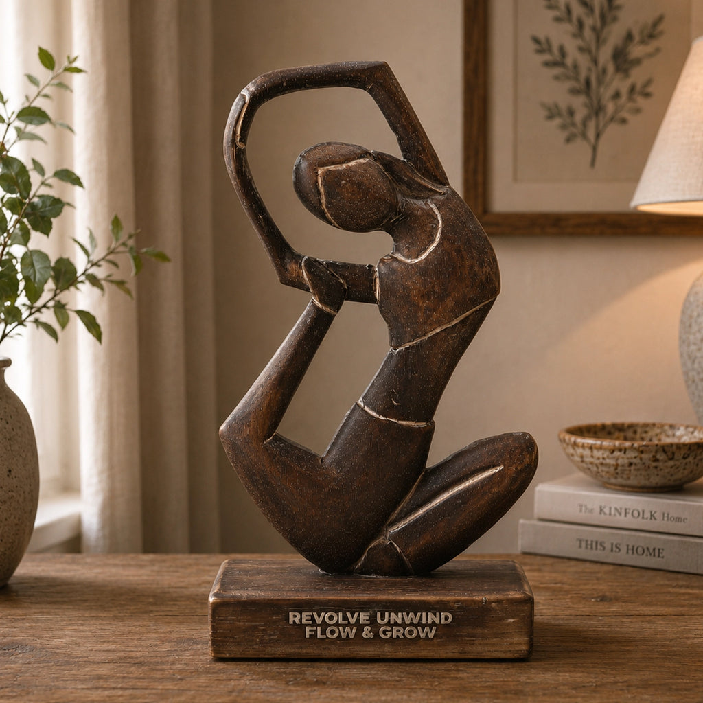 Wooden Yoga Lady - Antique - Revolved Pose - "Revolve Unwind - Flow & Grow" hand-carved wooden sculpture of a woman in a graceful, flowing yoga pose on a wooden base.