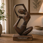Wooden Yoga Lady - Antique - Revolved Pose - "Revolve Unwind - Flow & Grow" hand-carved wooden sculpture of a woman in a graceful, flowing yoga pose on a wooden base.