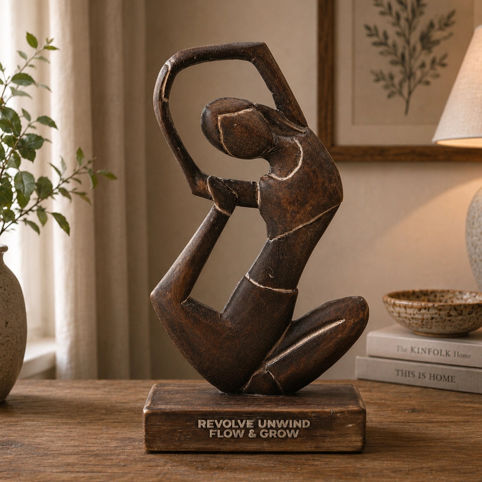 Wooden Yoga Lady - Antique - Revolved Pose - "Revolve Unwind - Flow & Grow" hand-carved wooden sculpture of a woman in a graceful, flowing yoga pose on a wooden base.