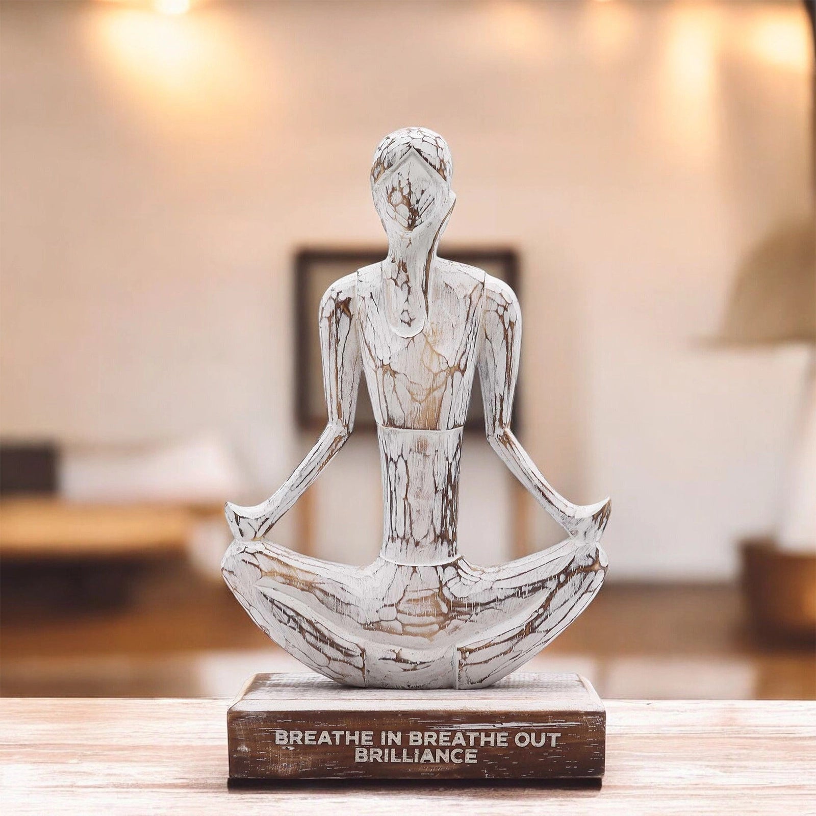 Wooden Yoga Lady - Whitewash - Easy Pose - "Breathe in Breathe out Brilliance" features a whitewashed wooden figure in a meditative easy pose seated on a wooden base with engraved inspirational words.