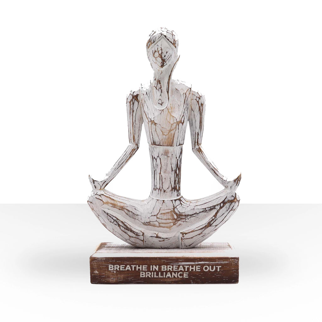Wooden Yoga Lady - Whitewash - Easy Pose - "Breathe in Breathe out Brilliance" features a whitewashed wooden figure in a meditative easy pose seated on a wooden base with engraved inspirational words.