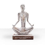 Wooden Yoga Lady - Whitewash - Easy Pose - "Breathe in Breathe out Brilliance" features a whitewashed wooden figure in a meditative easy pose seated on a wooden base with engraved inspirational words.