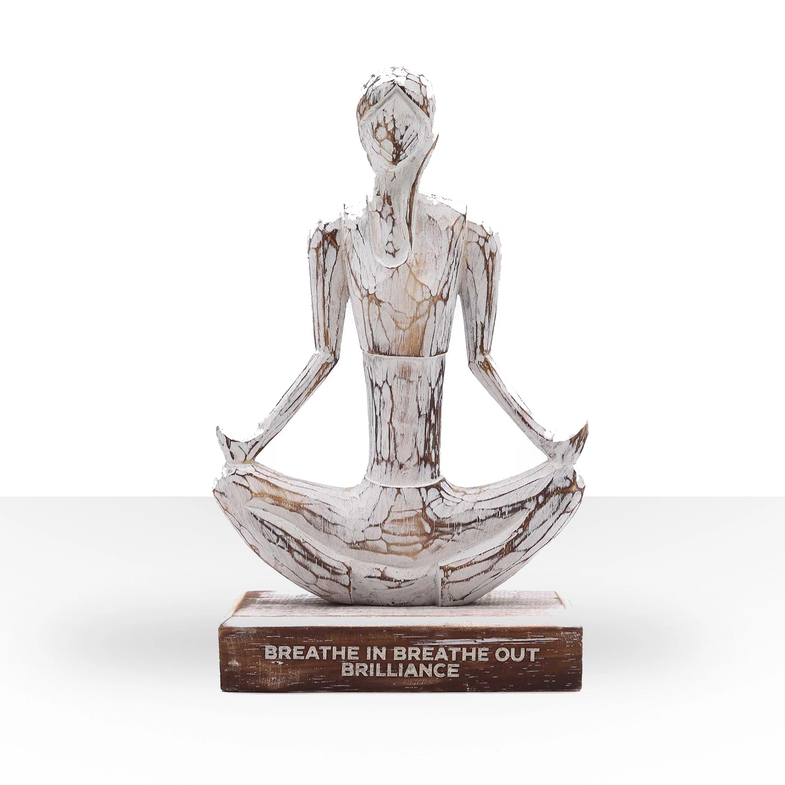 Wooden Yoga Lady - Whitewash - Easy Pose - "Breathe in Breathe out Brilliance" features a whitewashed wooden figure in a meditative easy pose seated on a wooden base with engraved inspirational words.