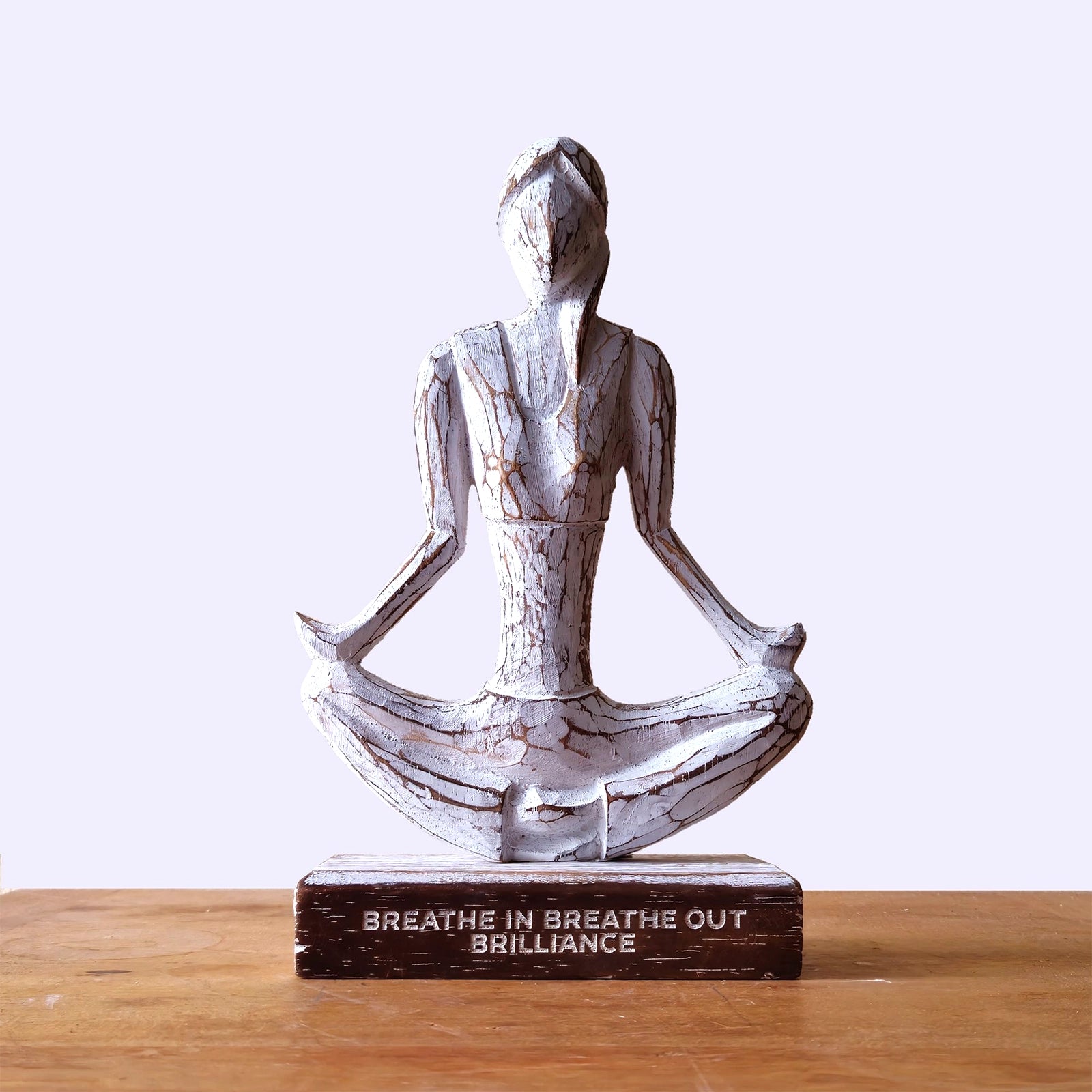 Wooden Yoga Lady - Whitewash - Easy Pose - "Breathe in Breathe out Brilliance" features a whitewashed wooden figure in a meditative easy pose seated on a wooden base with engraved inspirational words.