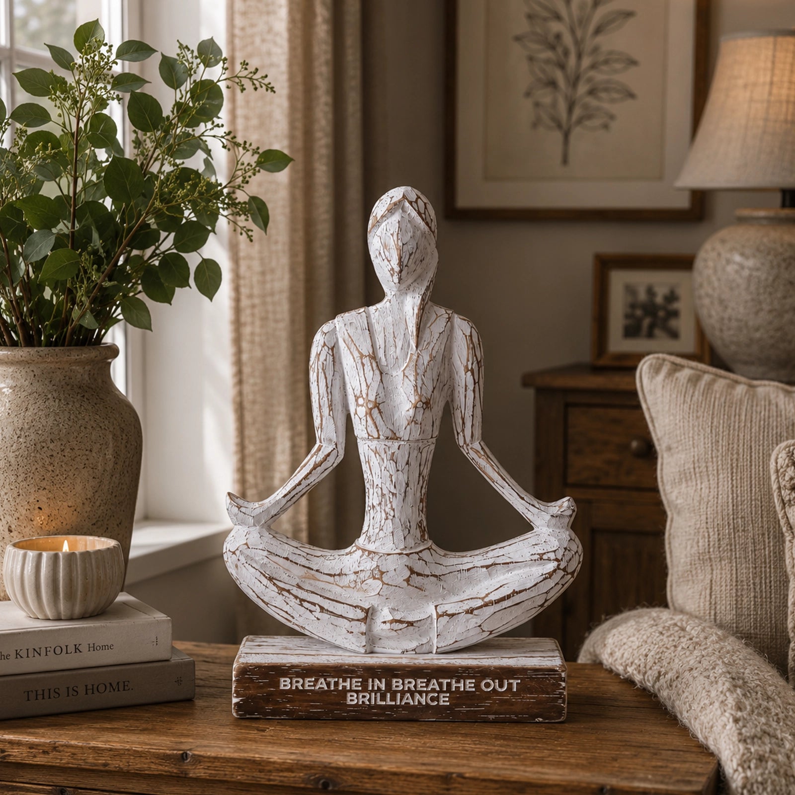 Wooden Yoga Lady - Whitewash - Easy Pose - "Breathe in Breathe out Brilliance" features a whitewashed wooden figure in a meditative easy pose seated on a wooden base with engraved inspirational words.