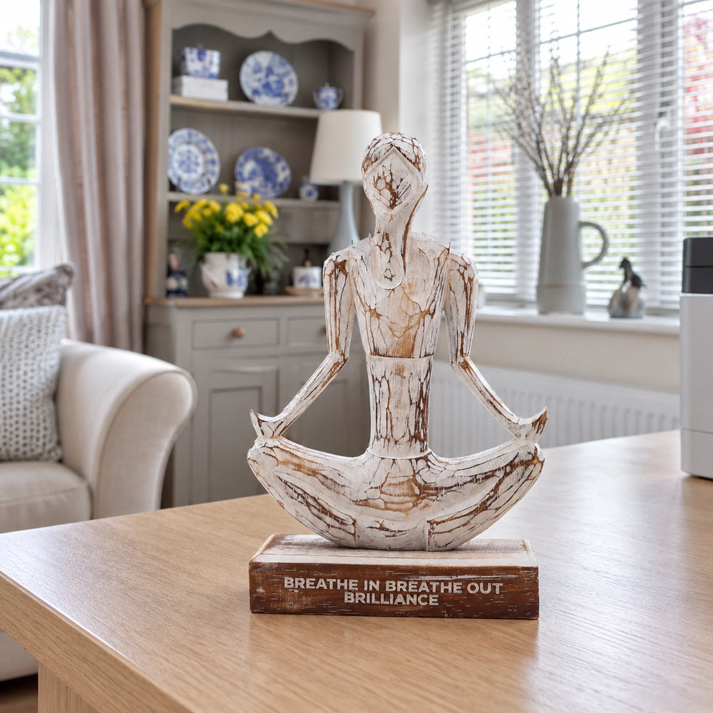Wooden Yoga Lady Figurines Decorative Statue - Whitewash - Easy Pose - "Breathe in Breathe out Brilliance"