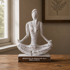 Wooden Yoga Lady - Whitewash - Easy Pose - "Breathe in Breathe out Brilliance" features a whitewashed wooden figure in a meditative easy pose seated on a wooden base with engraved inspirational words.